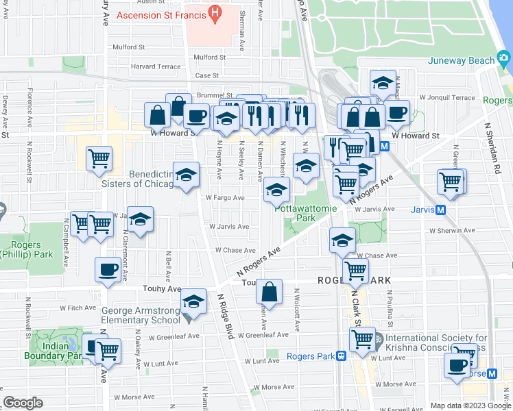 map of restaurants, bars, coffee shops, grocery stores, and more near 2002 West Fargo Avenue in Chicago