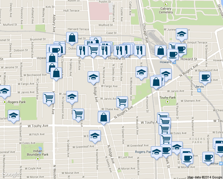 map of restaurants, bars, coffee shops, grocery stores, and more near 2055 West Fargo Avenue in Chicago