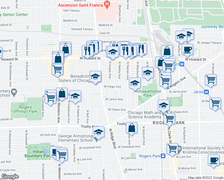 map of restaurants, bars, coffee shops, grocery stores, and more near 2055 West Fargo Avenue in Chicago