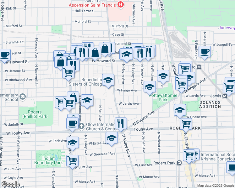 map of restaurants, bars, coffee shops, grocery stores, and more near 7415 North Ridge Boulevard in Chicago
