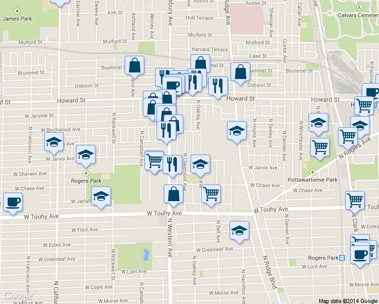 map of restaurants, bars, coffee shops, grocery stores, and more near 7429 North Claremont Avenue in Chicago