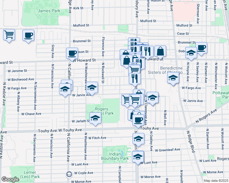 map of restaurants, bars, coffee shops, grocery stores, and more near 2507 West Fargo Avenue in Chicago