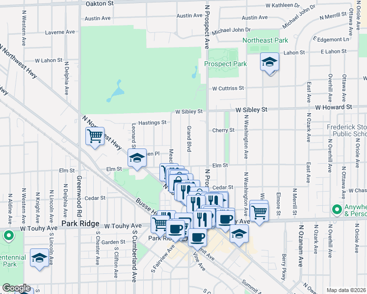 map of restaurants, bars, coffee shops, grocery stores, and more near 419 Grand Boulevard in Park Ridge