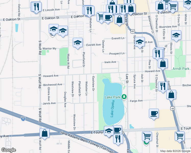 map of restaurants, bars, coffee shops, grocery stores, and more near 954 Howard Avenue in Des Plaines