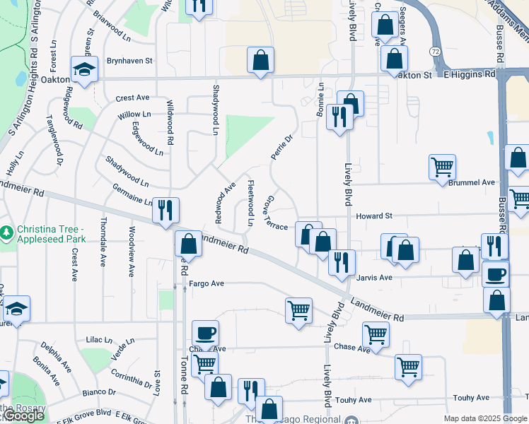 map of restaurants, bars, coffee shops, grocery stores, and more near 241 Fleetwood Lane in Elk Grove Village