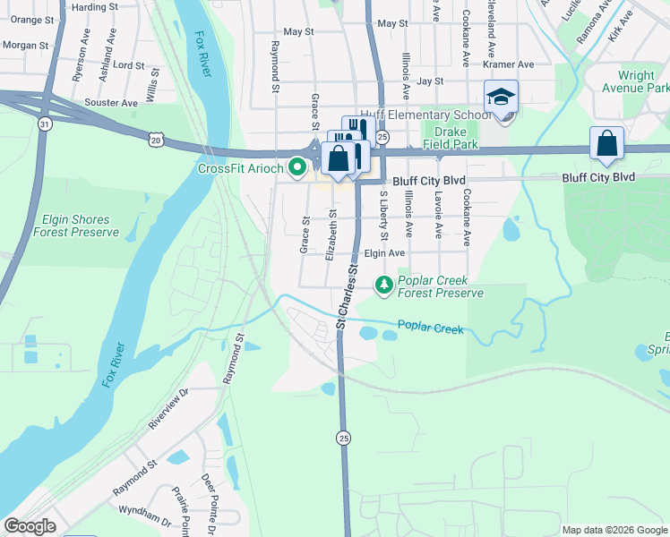 map of restaurants, bars, coffee shops, grocery stores, and more near 950 Saint Charles Street in Elgin