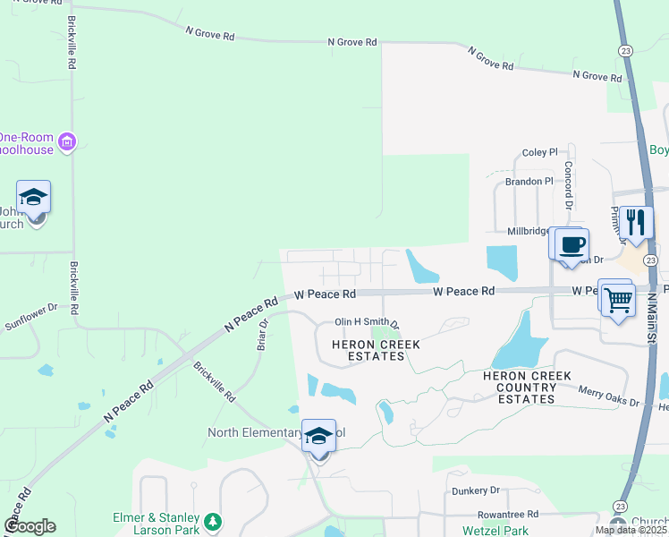 map of restaurants, bars, coffee shops, grocery stores, and more near 581 Stonegate Drive in Sycamore