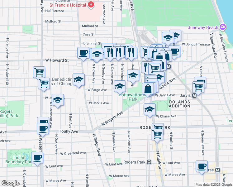map of restaurants, bars, coffee shops, grocery stores, and more near 7384 North Winchester Avenue in Chicago