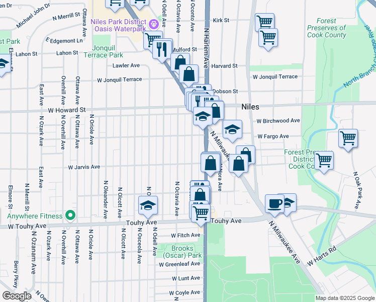 map of restaurants, bars, coffee shops, grocery stores, and more near 7439 North Octavia Avenue in Chicago