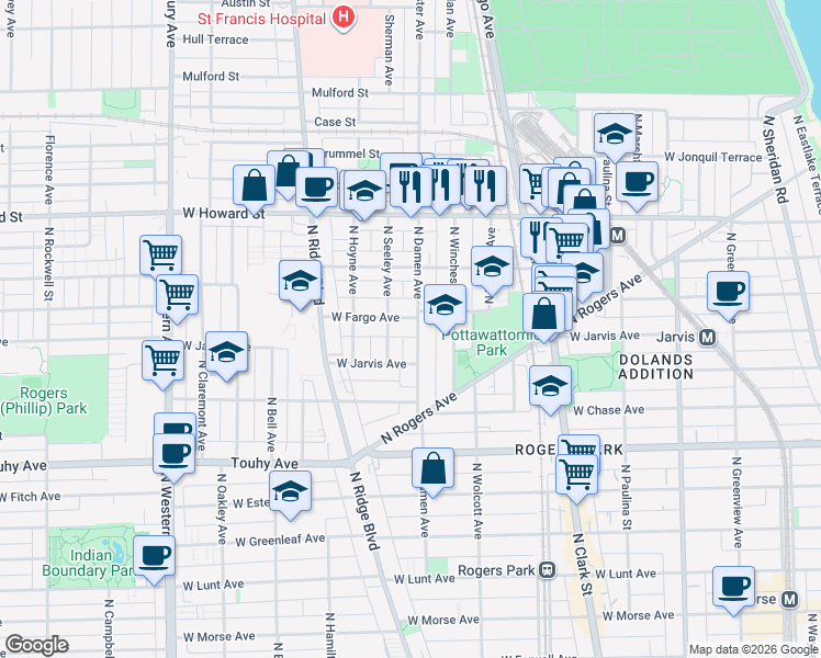 map of restaurants, bars, coffee shops, grocery stores, and more near 2001 West Fargo Avenue in Chicago