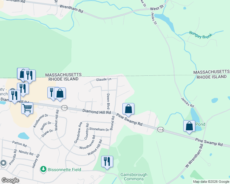 map of restaurants, bars, coffee shops, grocery stores, and more near 648 Bound Road in Woonsocket