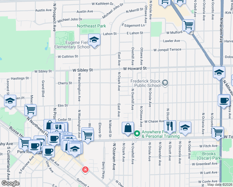 map of restaurants, bars, coffee shops, grocery stores, and more near 7743 West Birchwood Avenue in Chicago