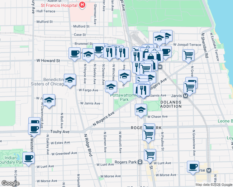 map of restaurants, bars, coffee shops, grocery stores, and more near 7363 North Winchester Avenue in Chicago