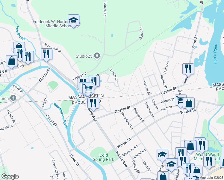 map of restaurants, bars, coffee shops, grocery stores, and more near 42 Hoyle Circle in Blackstone