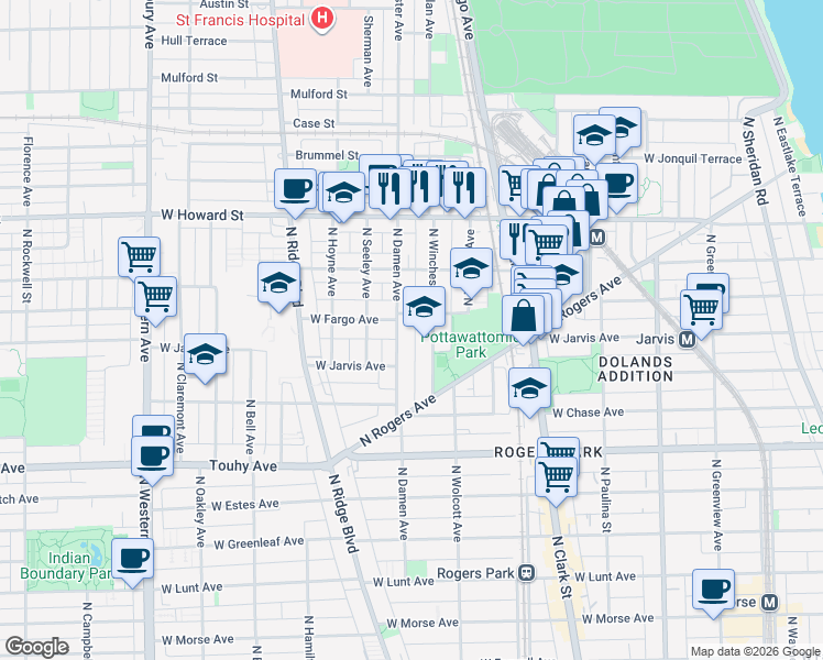 map of restaurants, bars, coffee shops, grocery stores, and more near 7384 North Winchester Avenue in Chicago