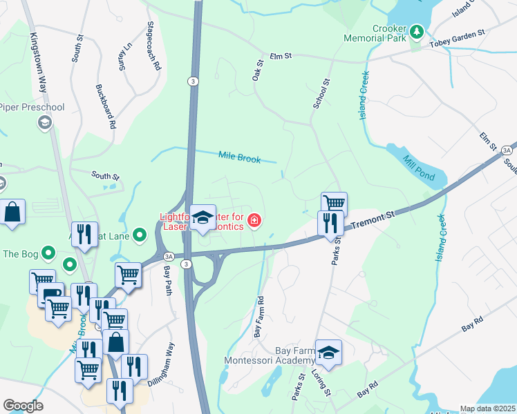 map of restaurants, bars, coffee shops, grocery stores, and more near 2 Mile Brook Road in Duxbury