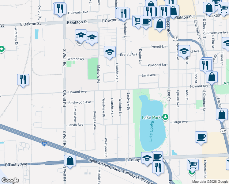 map of restaurants, bars, coffee shops, grocery stores, and more near 910 Howard Avenue in Des Plaines