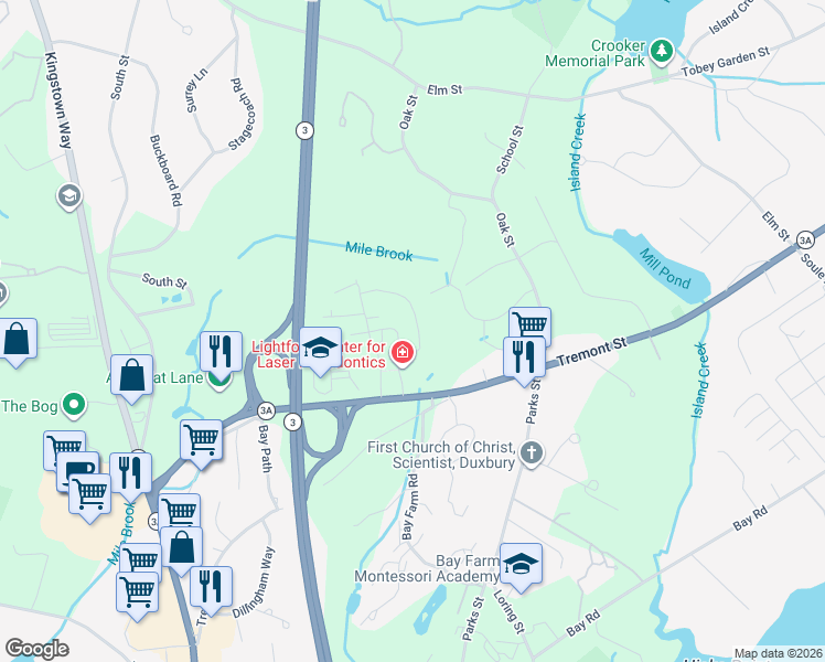map of restaurants, bars, coffee shops, grocery stores, and more near 4 Mile Brook Road in Duxbury