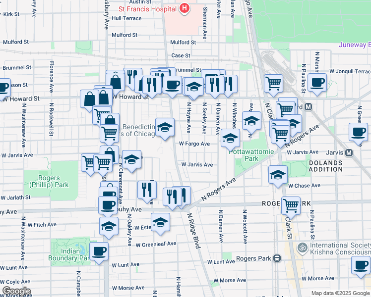 map of restaurants, bars, coffee shops, grocery stores, and more near 7415 North Ridge Boulevard in Chicago