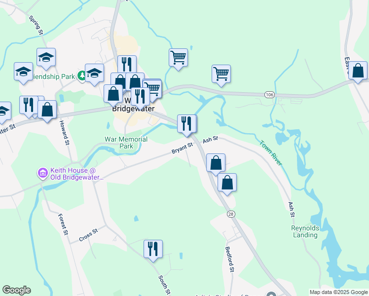 map of restaurants, bars, coffee shops, grocery stores, and more near 5 Leo Park Dr in West Bridgewater