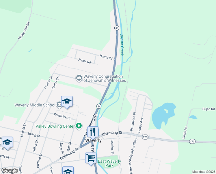 map of restaurants, bars, coffee shops, grocery stores, and more near 0 New York 34 in Waverly