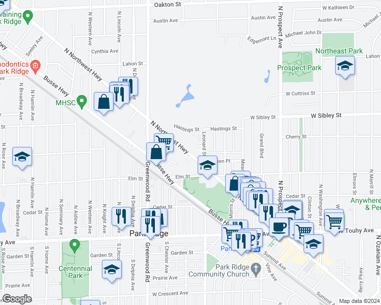 map of restaurants, bars, coffee shops, grocery stores, and more near 417 North Northwest Highway in Park Ridge
