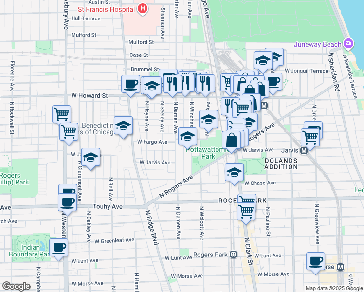 map of restaurants, bars, coffee shops, grocery stores, and more near 7384 North Winchester Avenue in Chicago
