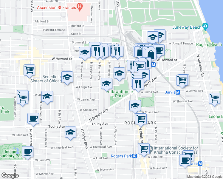 map of restaurants, bars, coffee shops, grocery stores, and more near 7304 North Wolcott Avenue in Chicago