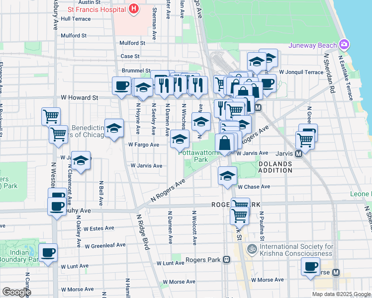 map of restaurants, bars, coffee shops, grocery stores, and more near 7384 North Winchester Avenue in Chicago