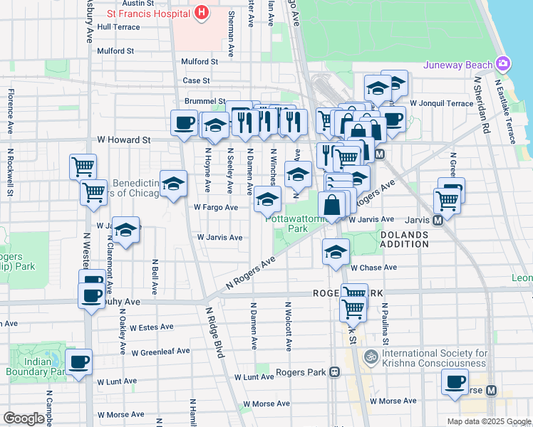 map of restaurants, bars, coffee shops, grocery stores, and more near 7384 North Winchester Avenue in Chicago