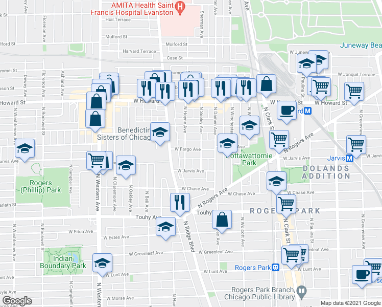 map of restaurants, bars, coffee shops, grocery stores, and more near 2055 West Fargo Avenue in Chicago