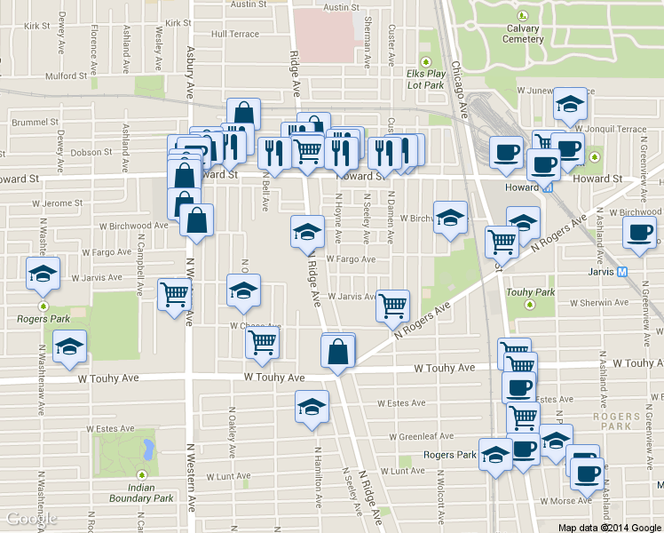 map of restaurants, bars, coffee shops, grocery stores, and more near 7415 North Ridge Boulevard in Chicago