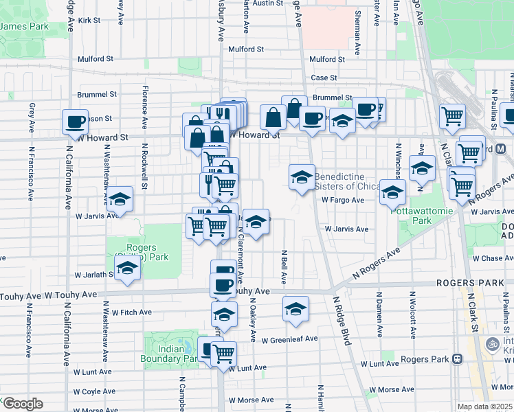 map of restaurants, bars, coffee shops, grocery stores, and more near 7429 North Claremont Avenue in Chicago