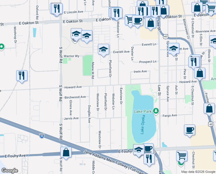 map of restaurants, bars, coffee shops, grocery stores, and more near 910 Howard Avenue in Des Plaines