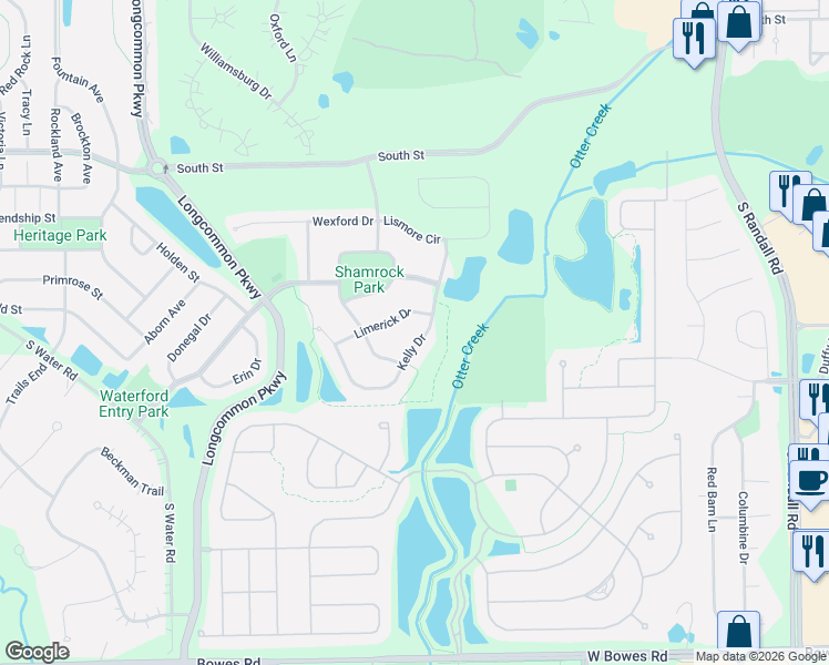 map of restaurants, bars, coffee shops, grocery stores, and more near 577 Limerick Drive in Elgin