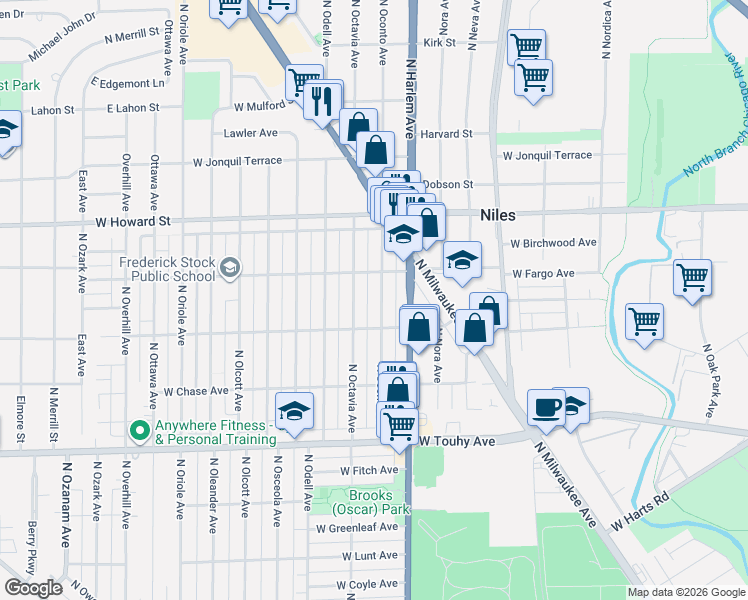 map of restaurants, bars, coffee shops, grocery stores, and more near 7439 North Octavia Avenue in Chicago