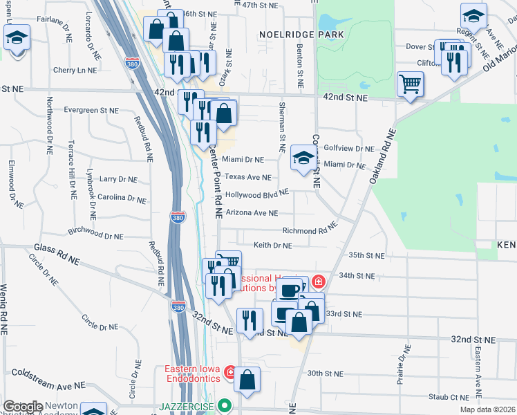 map of restaurants, bars, coffee shops, grocery stores, and more near 1639 Hollywood Blvd NE in Cedar Rapids