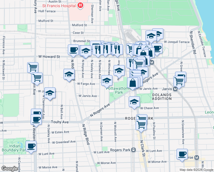 map of restaurants, bars, coffee shops, grocery stores, and more near 7372 North Winchester Avenue in Chicago