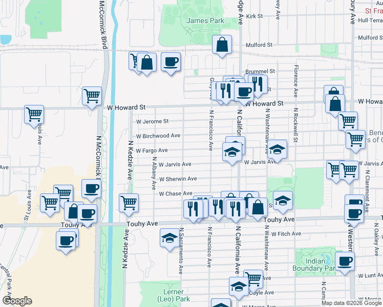 map of restaurants, bars, coffee shops, grocery stores, and more near 2935 West Fargo Avenue in Chicago