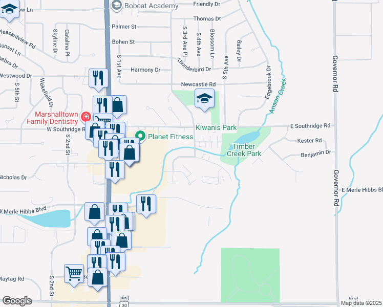map of restaurants, bars, coffee shops, grocery stores, and more near 214 Plaza Heights Road in Marshalltown