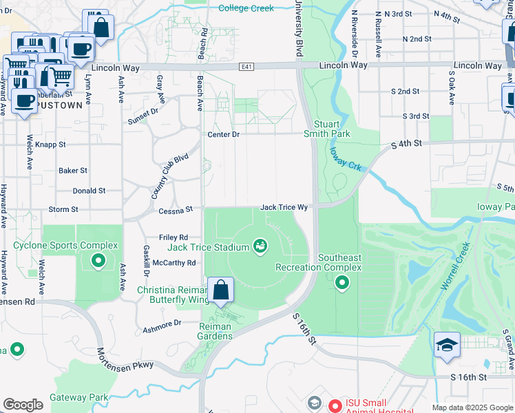 map of restaurants, bars, coffee shops, grocery stores, and more near 1801 South 4th Street in Ames