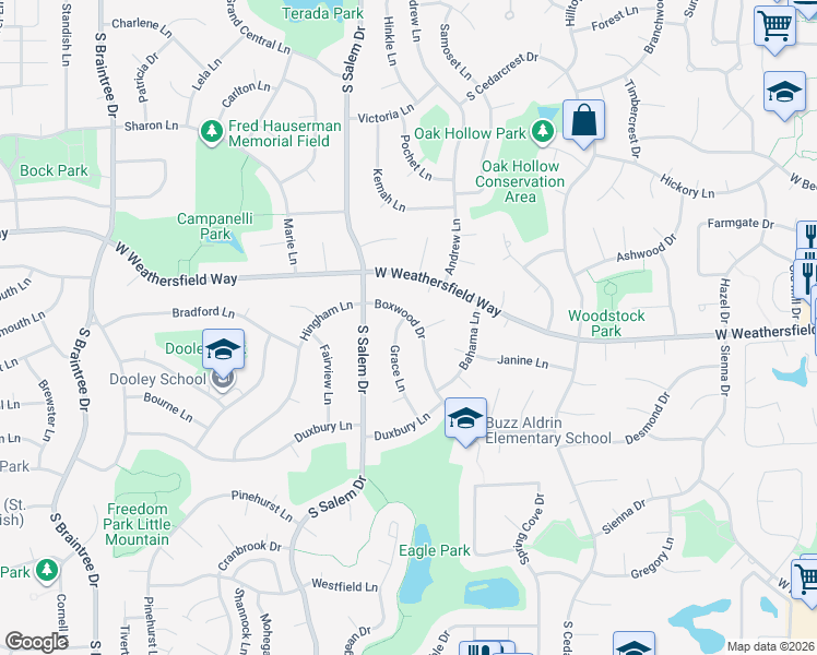 map of restaurants, bars, coffee shops, grocery stores, and more near 713 Boxwood Drive in Schaumburg