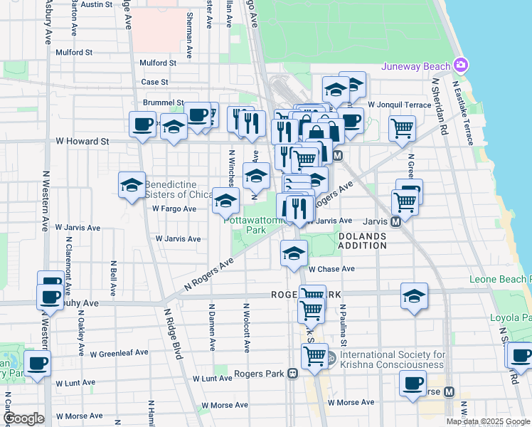 map of restaurants, bars, coffee shops, grocery stores, and more near 7401 N Wolcott Ave in Chicago