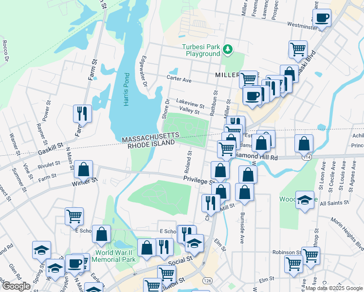 map of restaurants, bars, coffee shops, grocery stores, and more near 91 Diamond Hill Road in Woonsocket