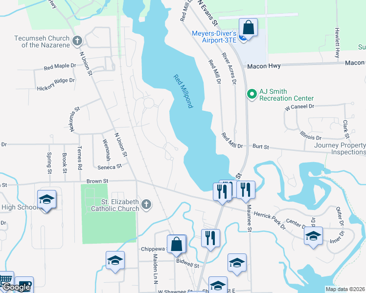 map of restaurants, bars, coffee shops, grocery stores, and more near in Tecumseh