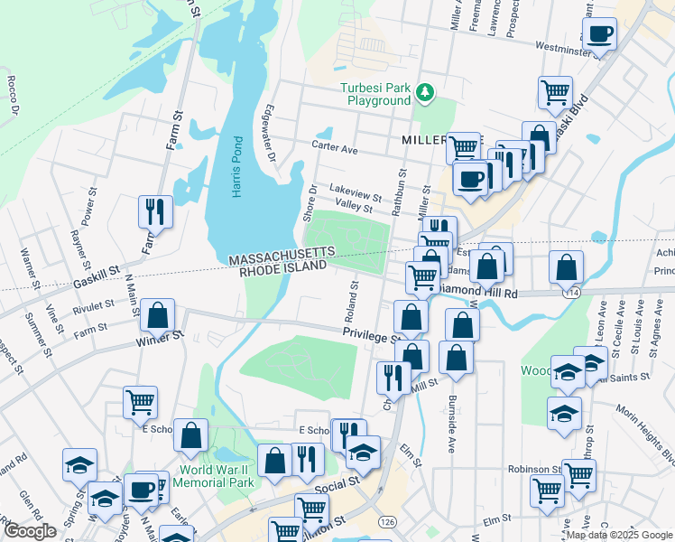 map of restaurants, bars, coffee shops, grocery stores, and more near 91 Diamond Hill Road in Woonsocket