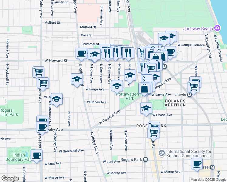 map of restaurants, bars, coffee shops, grocery stores, and more near 7384 North Winchester Avenue in Chicago