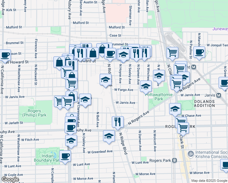 map of restaurants, bars, coffee shops, grocery stores, and more near 7415 North Ridge Boulevard in Chicago