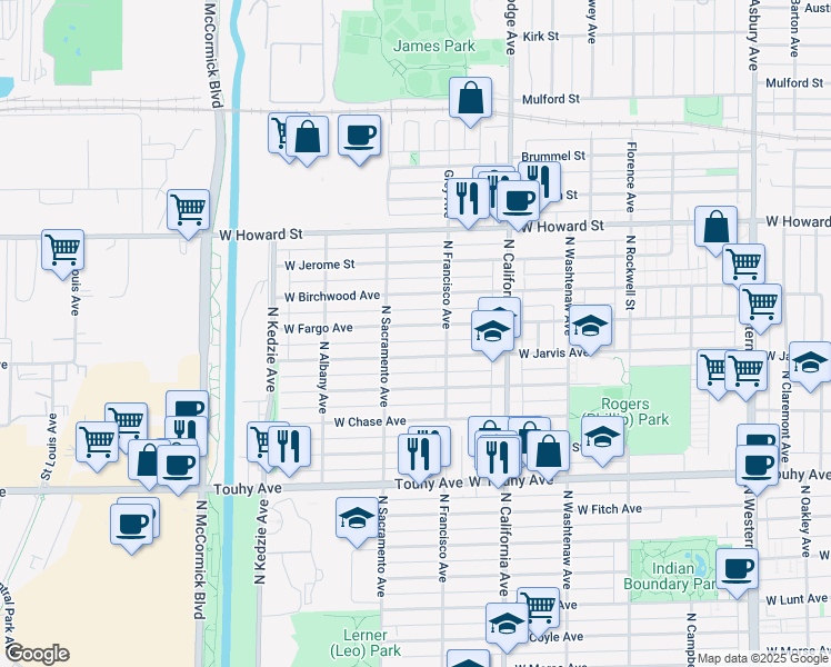 map of restaurants, bars, coffee shops, grocery stores, and more near 2935 West Fargo Avenue in Chicago