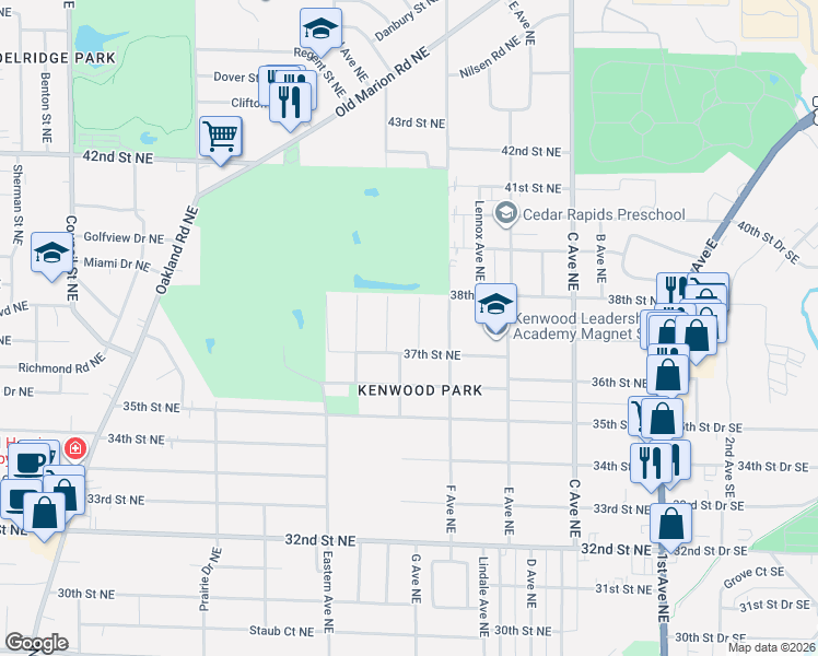 map of restaurants, bars, coffee shops, grocery stores, and more near 3729 G Avenue Northeast in Cedar Rapids